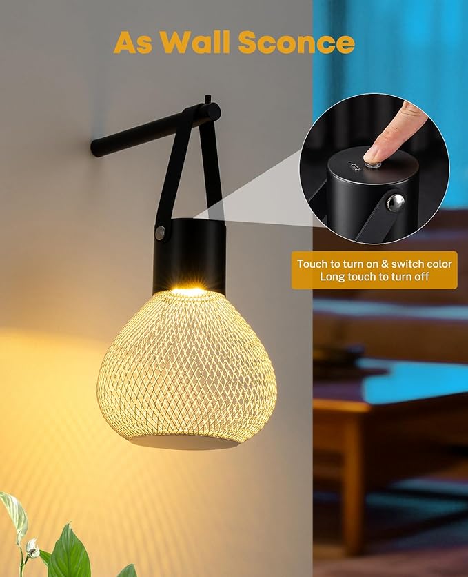 Battery Operated Wall Sconce, Rechargeable Wall Light, Portable Wireless Wall Sconces Wall Lighting Lamp Fixture with RGB Light for Bedroom, Living Room, Dormitory, Apartment, Table, Desk, Camping