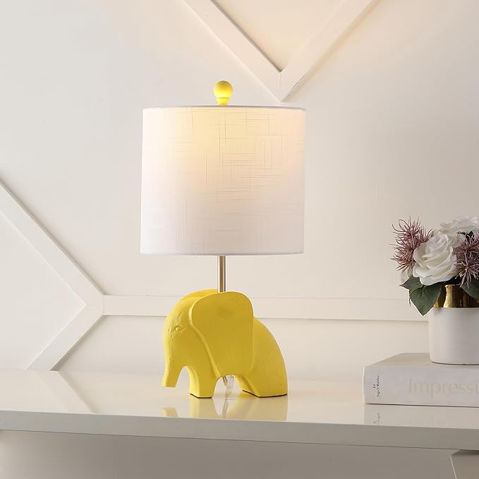 JONATHAN Y JYL1143C 17.5" Bohemian Elephant Table Lamp for Kids Room, Yellow Resin Animal Desk Lamp for Nursery, Playroom, Bedroom Bedside Nightstand, White Linen Drum Shade, LED Bulb Included