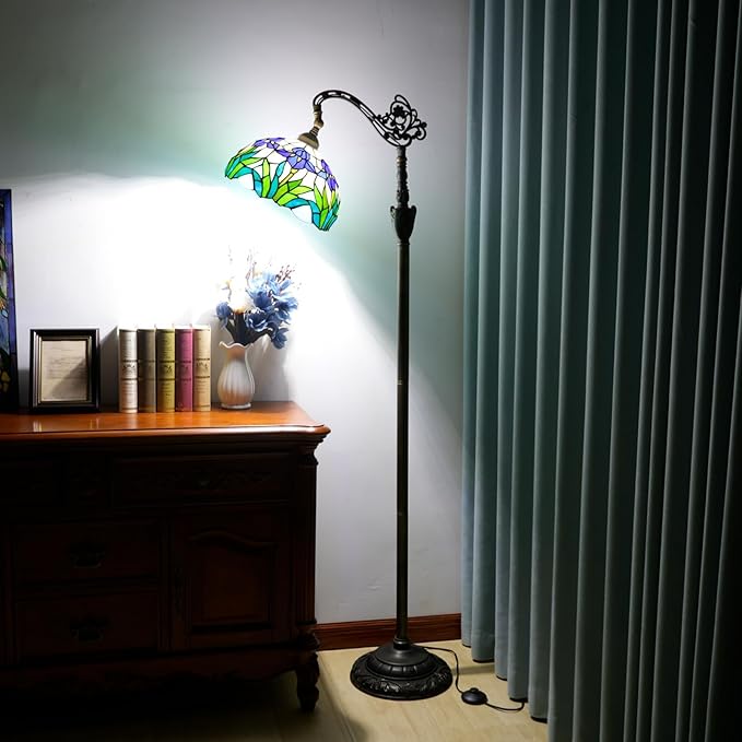 Tiffany Style Iris Floor Lamp Blue Flower Vintage Lamp Stained Glass Art Nouveau Design Adjustable Angle Retro Living Room Bedroom Bedside Sofa Corner Study Reading Lamp Suitable for Dad and Mom LED