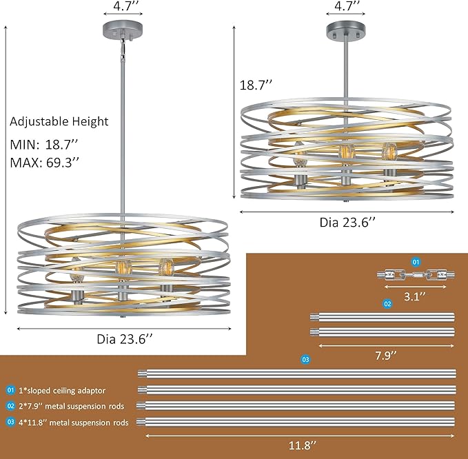 23.6'' Large Vintage Round Chandelier, 6-Light Modern Farmhouse Lantern Chandelier, Antique Double Drum Chandelier for Dining Room Entryway Kitchen Island Foyer, Silver with Gold Interior