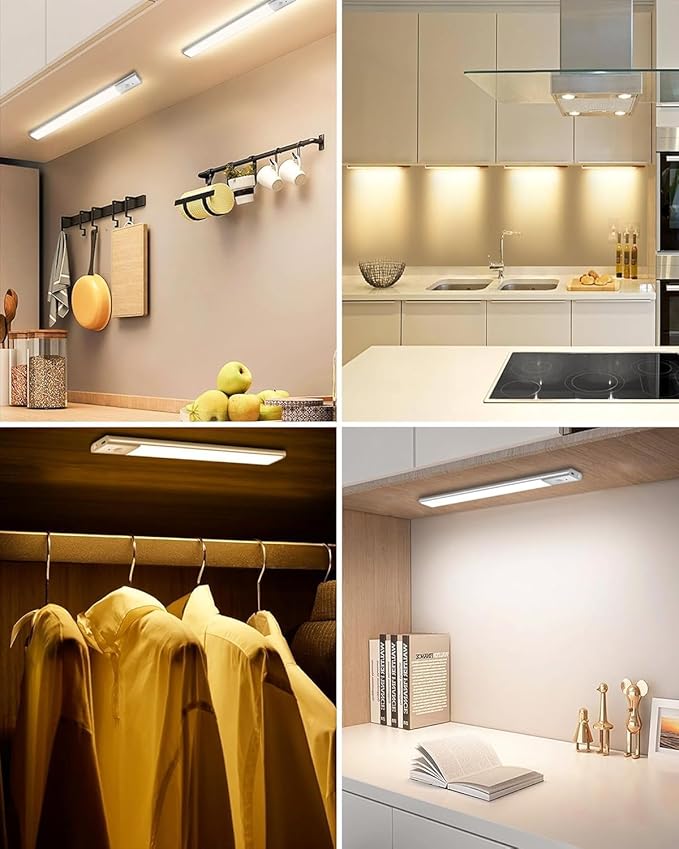 12in Under Cabinet Lighting Wireless, 300LM Led Light for Closet Lights Motion Sensored, USB - C Rechargeable Under Cabinet Lights with Remote, Magnetic Light Bar Kitchen, 3 Colors, 3 Pack