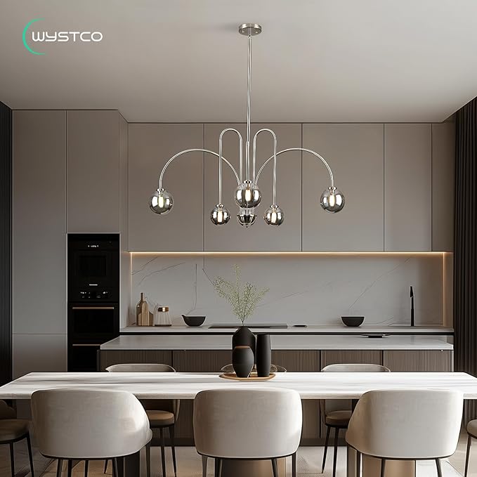Modern Sputnik Globe Chandelier, 6-Light Nickel Linear Chandeliers for Dining Room and Kitchen Island, Mid Century Light Fixture Over Table, (Smoke Grey Glass Bubble Shades, 40 Inch)
