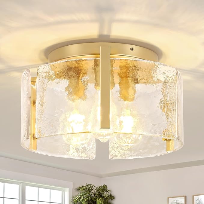 15'' Modern Gold Semi Flush Mount Ceiling Light, 3-Light Glass Drum Light Fixtures, Ceiling Lights for Hallway Entryway Foyer Bedroom Kitchen Dining Room Laundry Room Lighting Fixture, UL-Listed