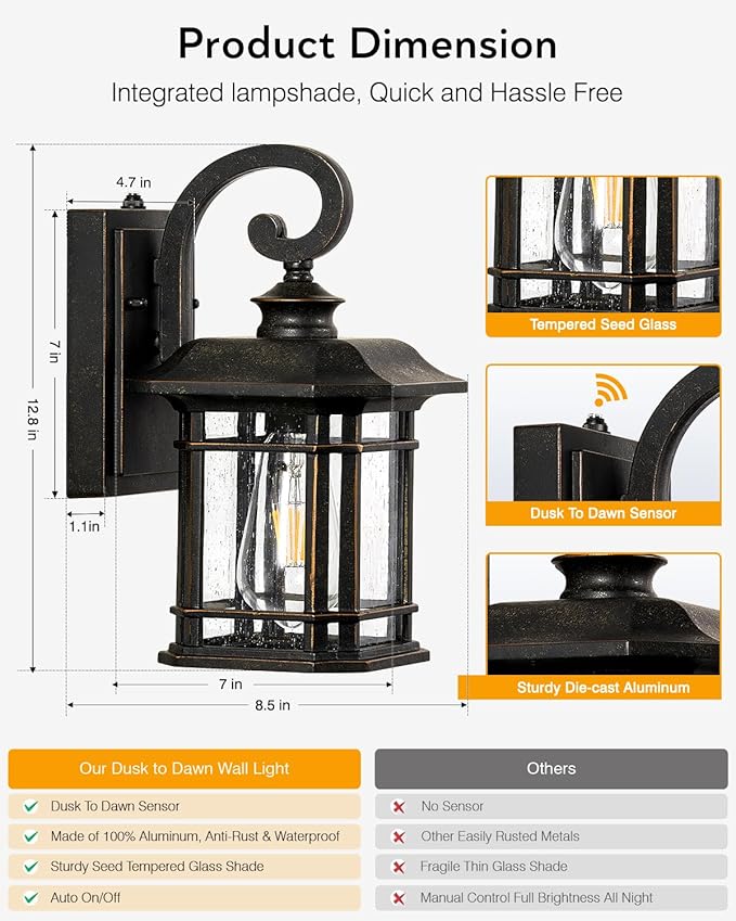 VIANIS Oil Rubbed Bronze Outdoor Light Fixture, Dusk to Dawn Outdoor Lights for House, Waterproof Porch Lights, Outside Wall Lights for House, Garden, Garage, Entryway, Anti-Rust