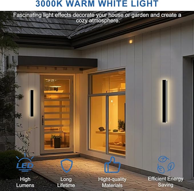 Modern Outdoor Wall Light, 24 Inch Long Outdoor Wall Sconce LED 3000K Black Exterior Sconce with Junction Box Cover IP65 Waterproof Outside Wall Lights for House Garage