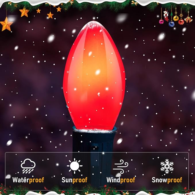 25 Pack C7 Red Replacement Bulbs, Christmas Light Bulbs Vintage Ceramic Opaque Red Bulbs for Indoor Outdoor Decoration Christmas Party String Lights, 5W Incandescent Night Lights, E12 Candelabra Base