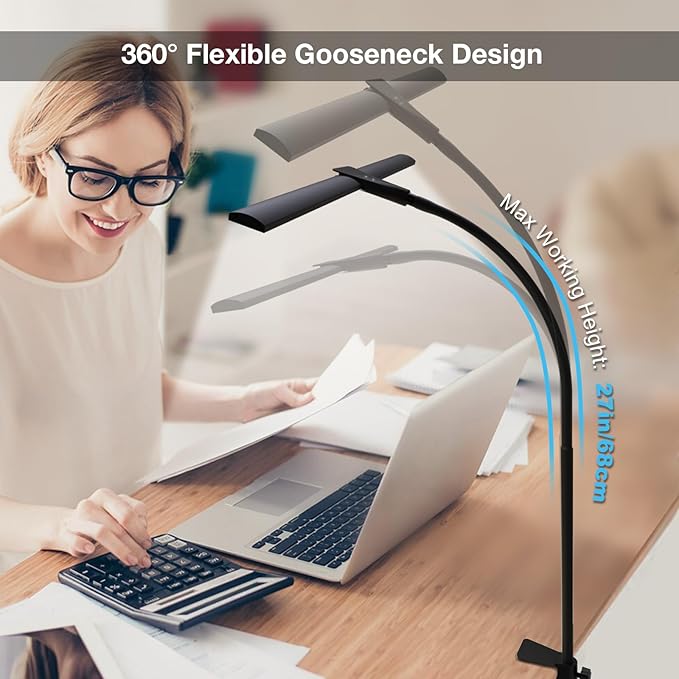 LED Desk Lamp for Home Office, Bright Double Head Desk Light with Clamp, Dimmable 5 Color Modes Task Lighting, Eye-Caring Architect Table Lamp for Workbench, Monitor, Reading, Study, 1400lm