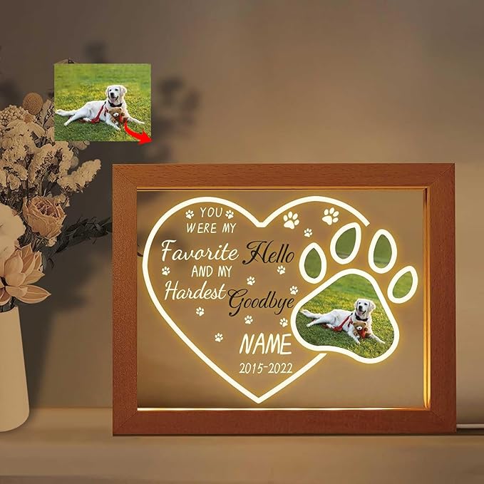 Custom Pet Memorial Night Light with Picture Frames Personalized Acrylic Plaque Sympathy Gift with Photo Name Date for Loss of Dog Cat Pet(H-Dog Paw Heart)
