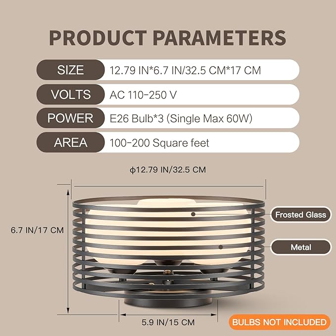 Modern Industrial Semi Flush Mount Ceiling Light, 3-Light Black Farmhouse Ceiling Light Fixture with Glass Shade, Hallway Lighting Fixture for Kitchen, Bedroom, Bathroom, Foyer, Laundry room 12.79in