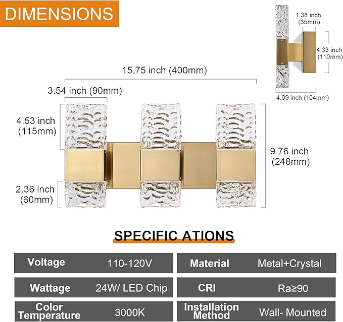 VINLUZ 3 Light LED Bathroom Vanity Light Fixtures Over Mirror,24W Metal Base Brushed Brass Finish Classic Wall Sconces with Crystal Lampshade Wall Mounted Lighting