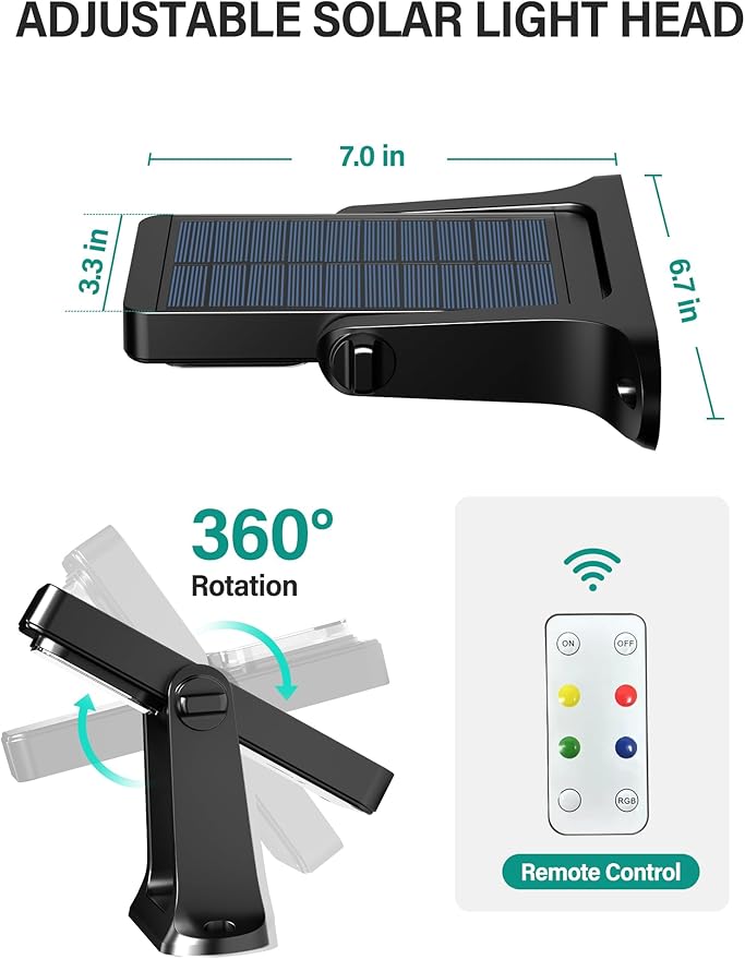 Solar Wall Lights Outdoor with Remote Control, 2200mAh Large Battery, 6 Color Modes, Warm/Cool White, RGB, IP65 Waterproof 360° Adjustable Angle for Fence Porch Yard Deck Step, 2 Pack