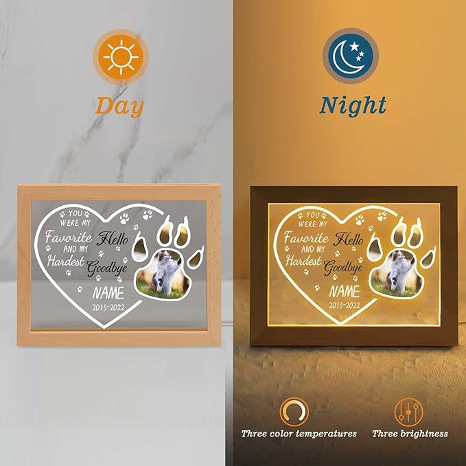 Custom Pet Memorial Night Light with Picture Frames Personalized Acrylic Plaque Dog Sympathy Gift with Photo Name Date for Loss of Dog Cat Pet(H-Cat Paw Heart)