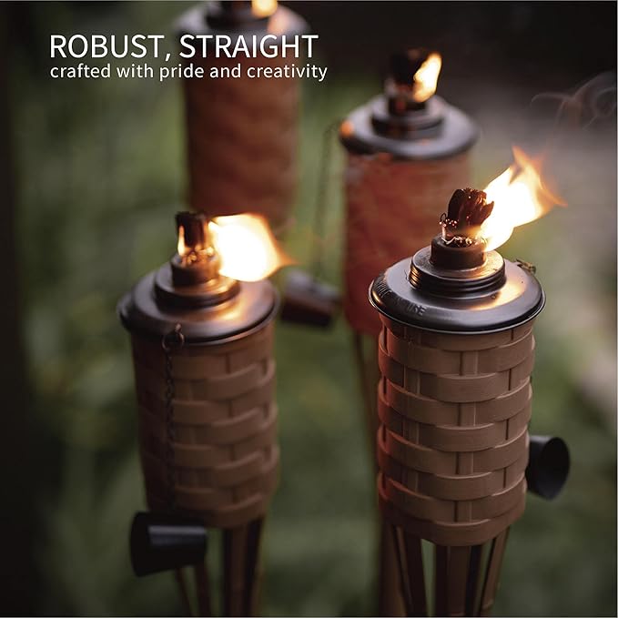 ONETHATCH Citronella Torches (Brown Color, 4pack); Bamboo Torch, Perfect for Outdoor Lighting, Luau, Summer Parties, and Garden Decor; Wide-Mouth Metal Canister, Stands 60" Tall.
