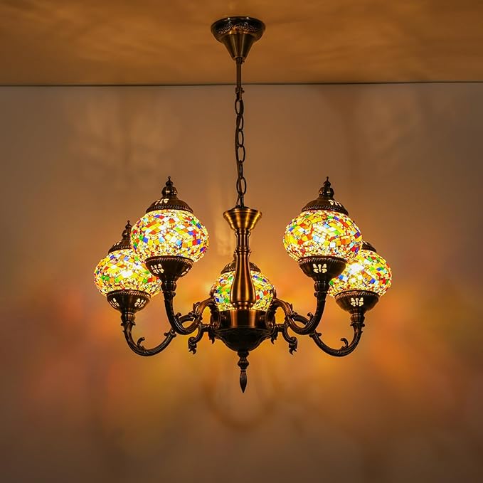 5-Globes Turkish Moroccan Pendant Hanging Light, Turkish Chandelier, Exquisite Tiffany Style Mosaic Ceiling Lamp for Bedroom, Living Room Home Decor Ambient Lighting (PL5130-S3)