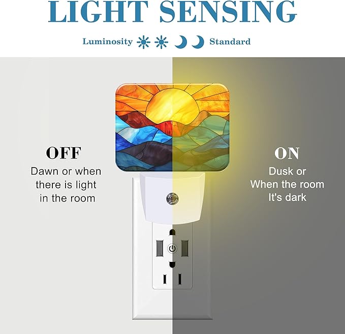Stained Glass Sunset Night Light Plug into Wall, Colorful Glass Mountains Night Light with Dusk to Dawn Sensor for Kid Girls Boys Women Men Room, Hallway, Kitchen, Bathroom, Stairs Decor