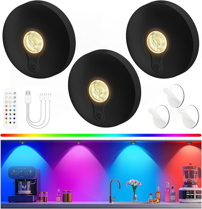 Yiliaw Rechargeable Puck Lights with Remote, Magnetic Under Cabinet Lighting, 1500mAh Battery Operated LED Lights for Kitchen, Closet, Shelf - 3 Color Temps & 12 RGB, Black, 3 Pack
