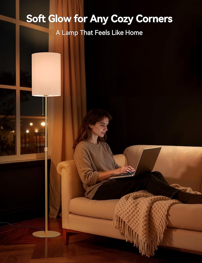 Tubicen Gold Floor Lamp 61" Tall Lamp with Pull Chain Switch Fabric Shade Adjustable Height Dimmable Mid Century Modern Plug in Standing Floor Lamps for Living Room Bedroom Office E26 Base