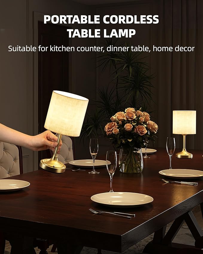 Wireless Lamp, 2-Pack, 8000mAh, Dimmable, Ambient Light, 2700K, Touch Control, Portable, Small, LED, Rechargeable Table, Rechargeable, Cordless, Desk Lamp, Kitchen Lamp, Fabric Shade, for Dining Room