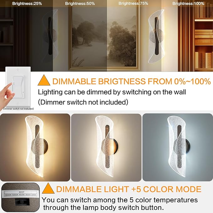 Modern Brown Wall Scones Light 16.5Inch Hardwired Wall Lamps 3000K/4000K/6500K Dimmable LED Wall Lighting for Living Room Hallway Bedroom Stairs