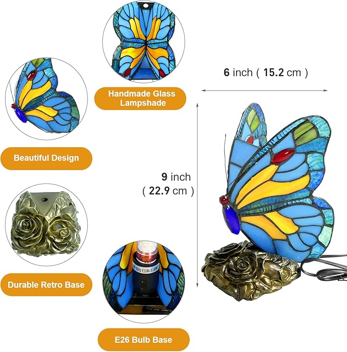 Tiffany Style Butterfly Lamp Handmade Bedside Table Lamp Blue Stained Glass Desk Lamp Colorful Small Night Light Reading Lamp for Living Room Bedroom Farmhouse Hotel Lamp
