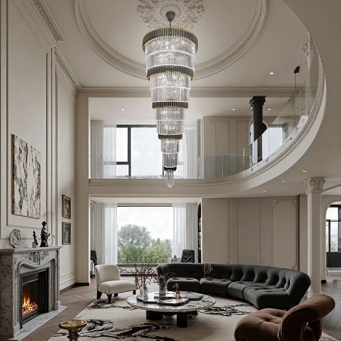 Extra Large 9-Tier Black and Gold Chandelier Long Staircase Chandeliers Luxury Empire Crystal Chandelier Lighting for High Ceiling Foyer Entryway Grand Hotel Lobby 31-Light H84 x W40