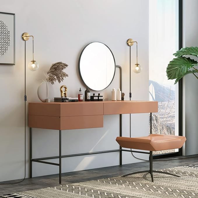 KCO Lighting Modern Plug in Wall Sconce Set of 2 Gold Glass Globe Bathroom Wall Sconce Mid Century Adjustable Wall Lamp Plug in for Corridor Bedroom Entryway (Amber & 2-Pack)