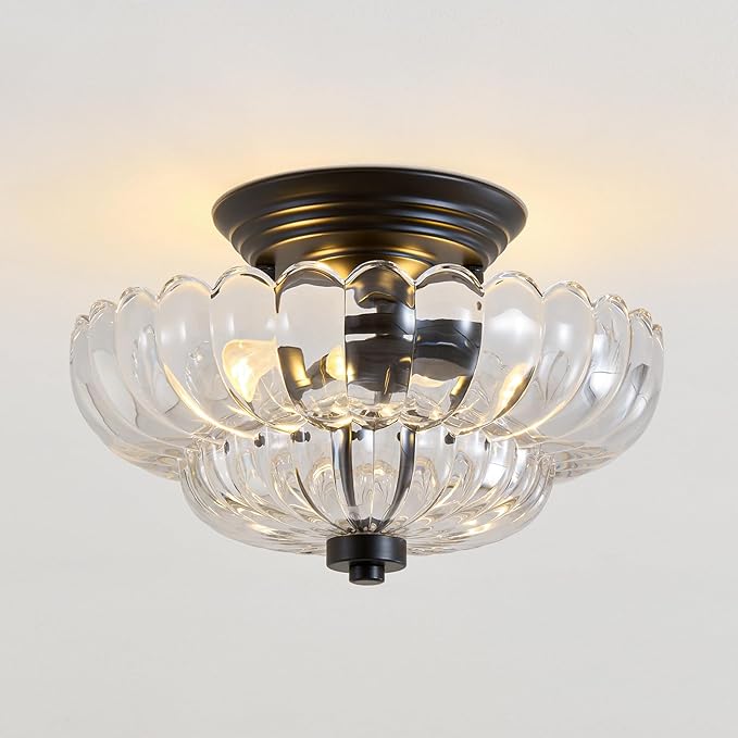 Modern Glass Ceiling Light Fixture: Vintage Matte Black Semi Flush Mount Close to Ceiling Light Fixtures - Art Deco Scalloped Flower Mid Century Boob Lights for Entry Kitchen Hallway Bedroom Laundry