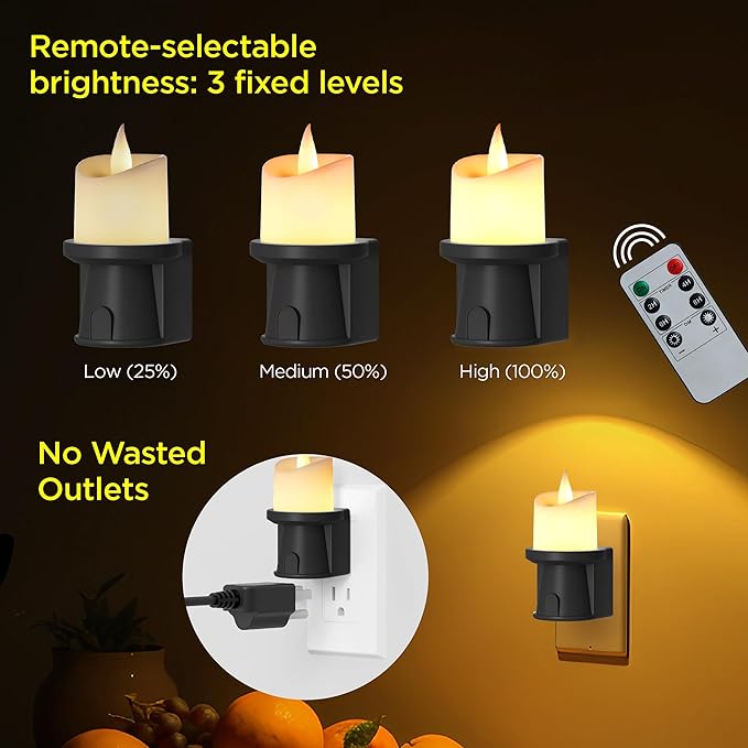 Nightlight Flameless Candle, Electrical Outlet Plugs w/Dusk Dawn Sensor Auto Switch On/Off for Home Safety, Window Decorative with Remote Control (Black, 1 Pack)