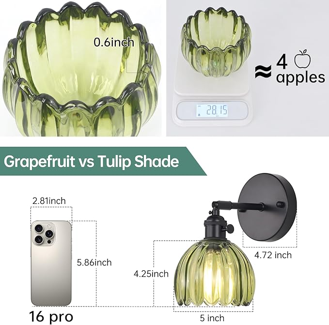 Vintage Wall Sconce with Cute Green Tulip Glass Lampshade 180 Degree Adjustable Black Sconce Hradwired Modern Wall Lighting Fixture with Switch for Bedside Bedroom Doorway