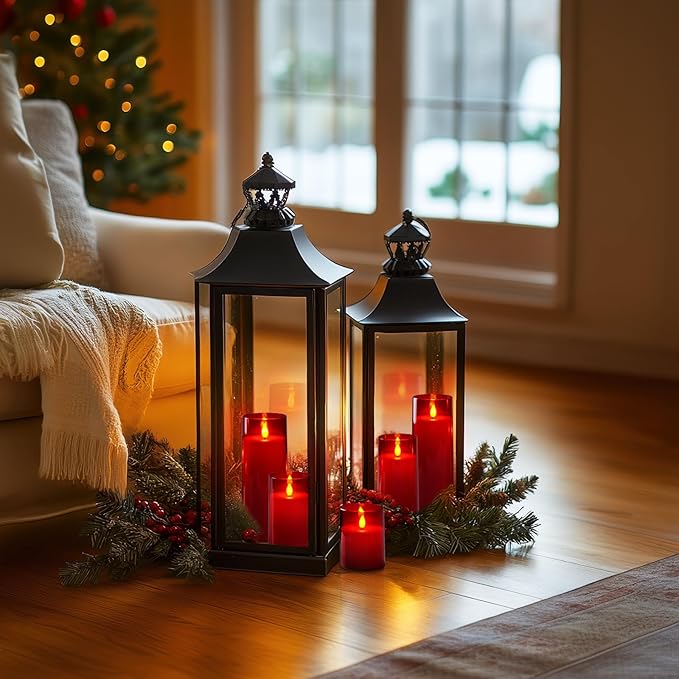 Homemory Christmas Red Flickering Flameless Candles, Battery Operated Acrylic LED Pillar Candles with Remote Control and Timer, Set of 5