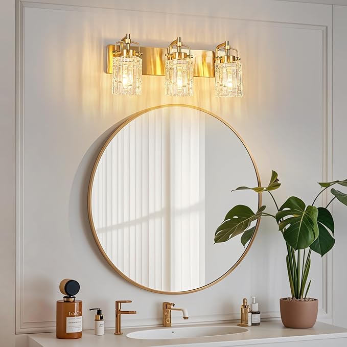 Modern 3-Light Vanity Light with Crystal Glass Shade - Gold Bathroom Light Fixture