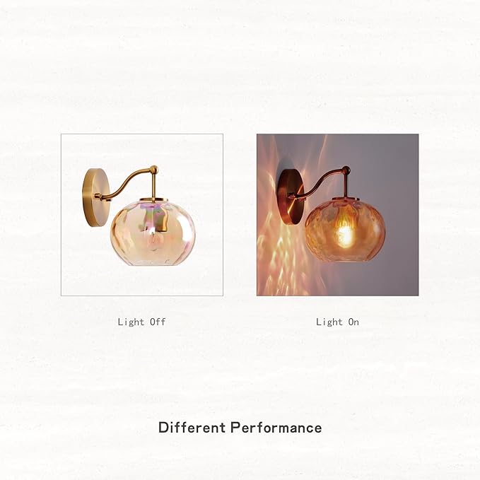 Gold Wall Sconce Light Amber Hammered Glass Vanity Lighting Brushed Brass Champagne Wall Lamp for Bathroom Over Mirror