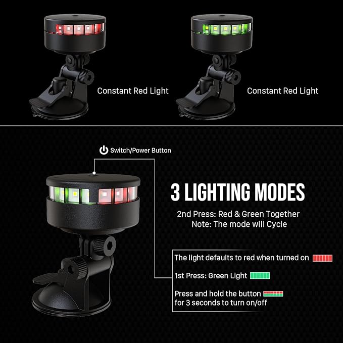 GOODSMANN Kayak Lights for Night Kayaking Portable LED Stern Light with Suction Cup Base Red & Green Lamp Battery Powered (3×AAA, Not Included)