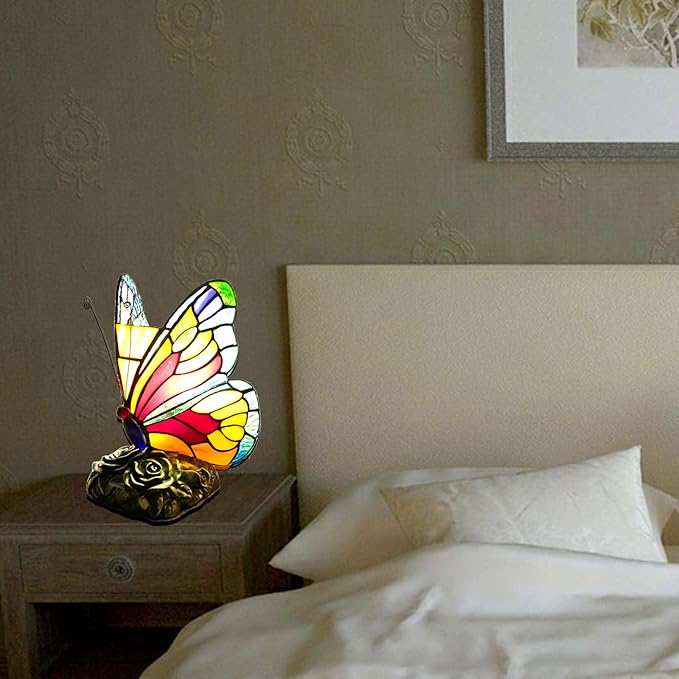 Tiffany Table Lamp Bedside Lamp Colorful Butterfly 5.9" Wide 9" Tall Stained Glass Table Lamp Nightstand Desk Light for Bedroom, Living Room, Office