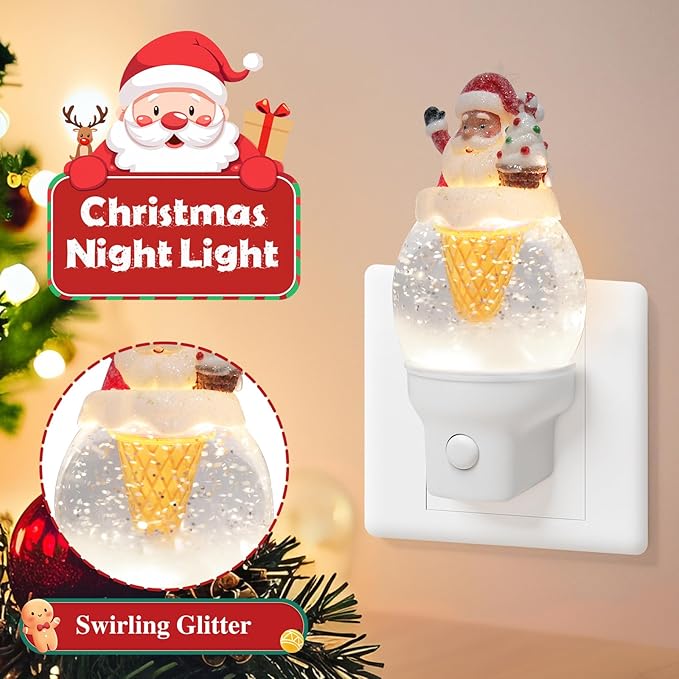 Christmas Santa Night Light Plug into Wall Glitter Water Nightlight with USB/Outlet Options, Christmas Decorative Nightlight for Bedroom Kitchen Nursery Holiday Decorations Gifts (Santa Ice Cream)