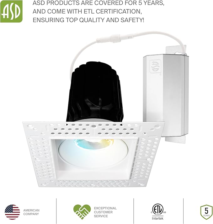 ASD Trimless 3 Inch LED Square Recessed Lighting, 15W 120V Triac Commercial Downlight, Canless Dimmable Lights for Ceiling with J-Box, 5 CCT 2700K-5000K, CRI 90+, IC Rated, ETL, White, 18 Pack