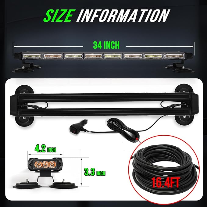 34inch 166 LED Emergency Rooftop Strobe Lights Bar Flashing Safety Traffic Advisor Warning Hazard Snow Plow Light W/Magnet Base for Work Trucks Vehicles Construction Tow Pickup Green White