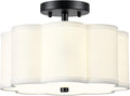Semi Flush Mount Ceiling Lights, 3-Light 13" Ceiling Light Fixtures with Fabric Shade in Flower Shape, Matte Black Drum Lighting for Nursery Hallway Bedroom Kitchen, AD-22007-3SF-BK