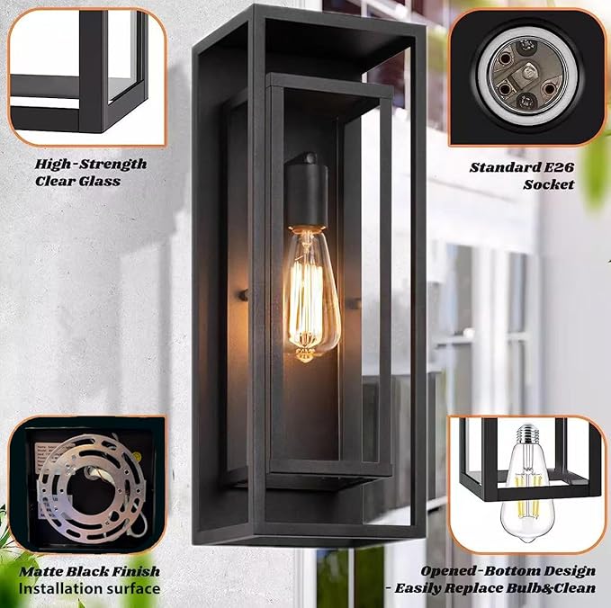 2Pack 18inch Outdoor Wall Light Fixtures, Exterior Waterproof Modern Matte Black Wall Lamps with Glass Shades,E26 Sockets Porch Light for Front Door Patio Entryway