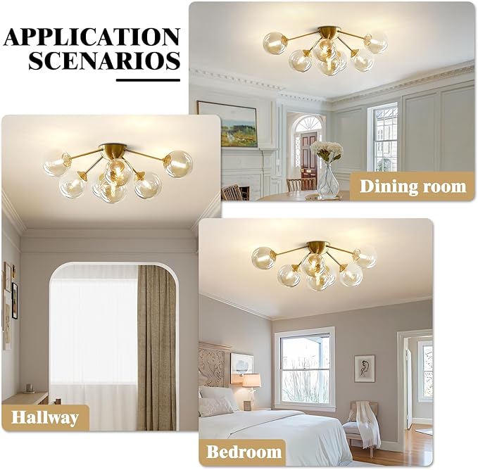 KCO Lighting 7-Lights Mid Century Modern Flush Mount Ceiling Light Overhead Amber Glass Globe Sputnik Chandelier Ceiling Light Fixture Brass Gold Bedroom Living Room Ceiling Lighting
