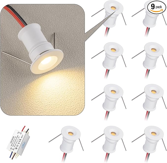 902 120°LED mini Spotlight,DC12V 1W,80Ra,75lm,Small Size,Embedded Installation,Suitable for Cabinet Lighting Such as Wine cabinets,Shoe cabinets,etc.,with Power Supply(4000K,White,9Pack)