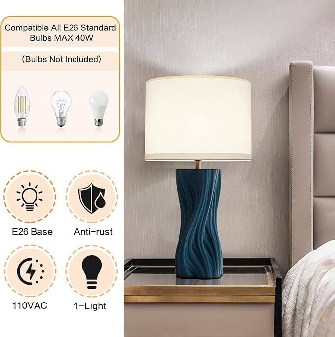 Modern Large Ceramic Plug in Blue Table Lamps for Living Room Bedroom 26.75"