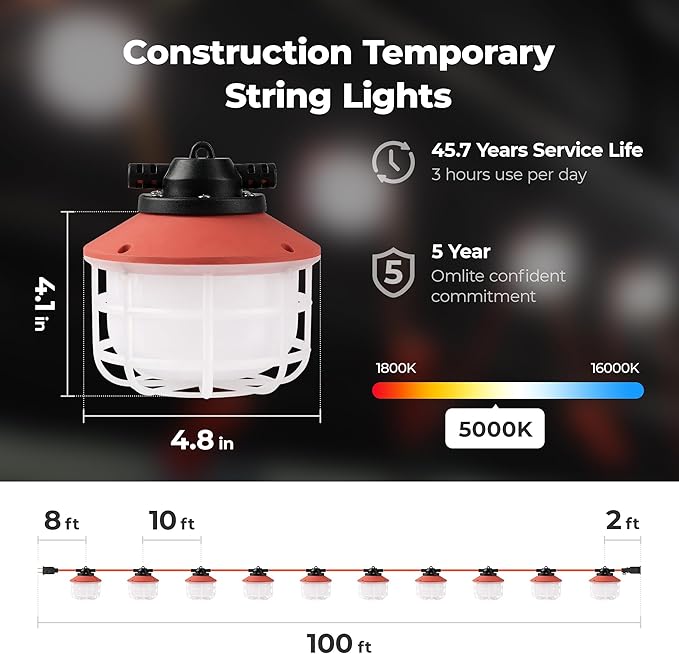 100FT Construction String Lights:150W 21000LM Linkable Super Bright LED String Work Lights for Construction Sites Temporary Work Jobsite IP65 Waterproof 18AWG Wire Work Light with Cage