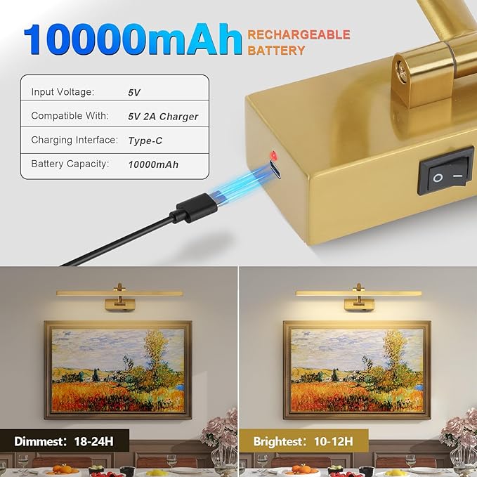 Wireless Picture Lights for Wall Battery Operated, Brass Art Lighting for Paintings Rechargeable Gallery Lights with Remote and Timer 3CCT Dimmable Painting Lights for Artwork Portrait 23.62 inch