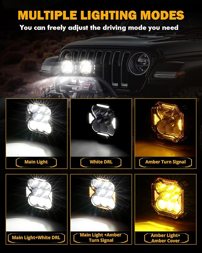Auxbeam 4 Inch LED Driving Pod Light, Cube-Z Series 112W Cube Spot Flood Combo Beam with Amber Covers, 150° Ultra-Wide Offroad Pods 12800LM Hyper Bright with White DRL&Amber Turn Signal Light, Pair