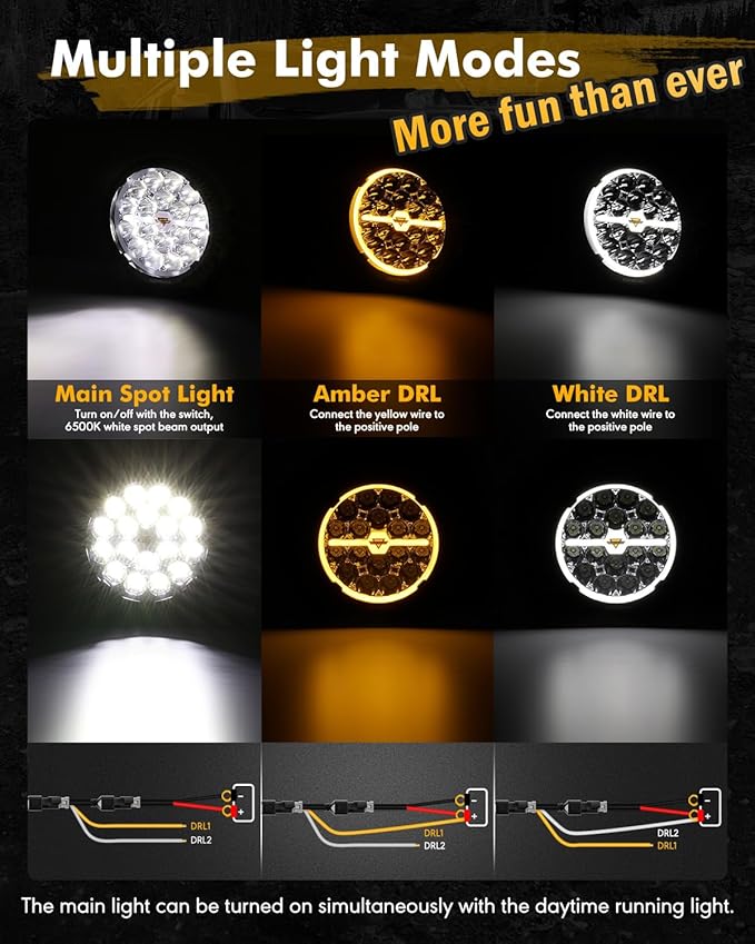 Auxbeam RAY-L Series 7 Inch Round Offroad Lights Amber White DRL Function 3 Modes LED Spotlights 240W 25800LM Dual Color Driving Off-Road Lighting, Pair