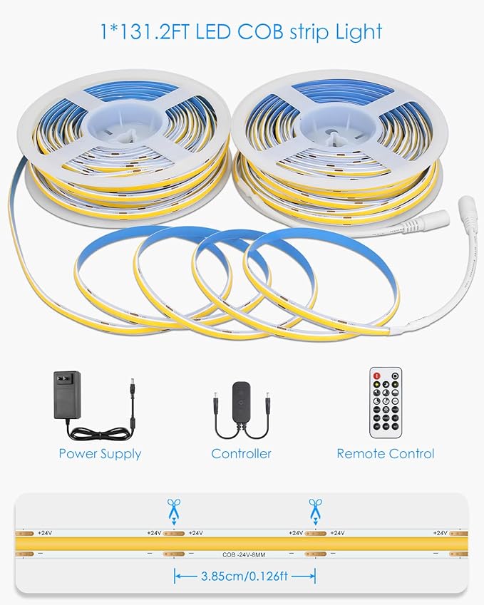 131.2FT 24V COB Led Strip Lights 3000K with Dam-Process Dimmable LED Light Strips with Remote Warm White 480LED/M Bright Flexible COB LED Tape Light for Bedroom Cabinet Stairs Corridor(40M/2roll)
