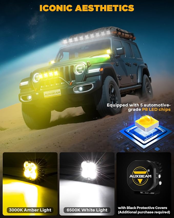 Auxbeam XP-Ultra Series 3Inch 80W Spot Flood Combo Ditch Lights, Far & Wide Amber White Cube Lights Offroad LED Bar, 9600LM Yellow Driving LED Pods with Light Covers, Pair