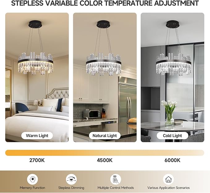 Black Led Modern Crystal Chandelier: 19.7" Round Contemporary 3 Color Dimmable Dining Room Light Fixture over Table - Adjustable Lighting Chandeliers for Bedroom Living Kitchen Island Entryway Foyer