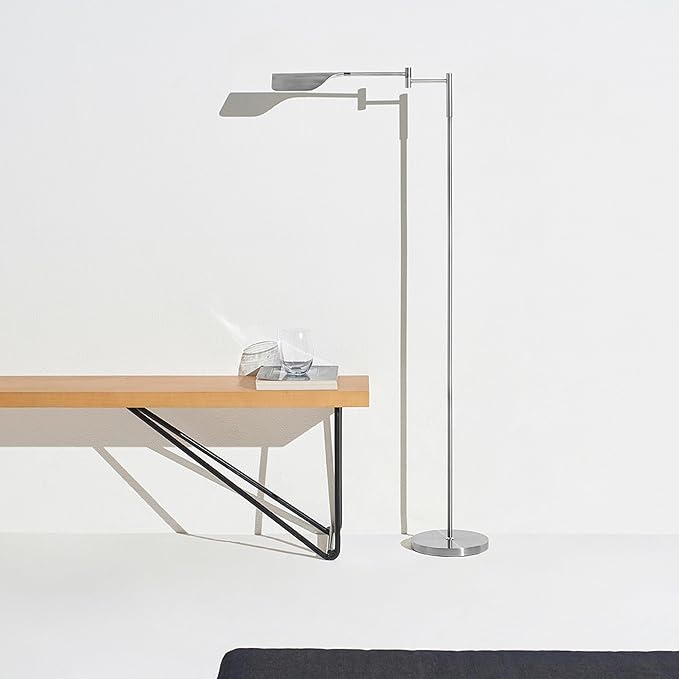 Brightech Leaf Pharmacy LED Reading Lamp, Dimmable Floor Lamp with Easy Rotation over Chair or Desk for Living Rooms & Offices, Adjustable Standing Lamp, Tall Lamp For Sewing & Craft - Platinum Silver